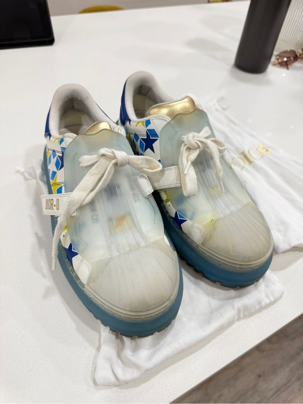 Dior Sneakers in White, Blue & Gold Star Print